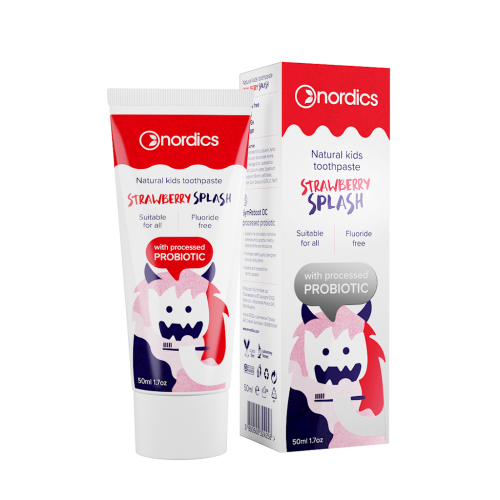 24539PASTA DO ZĘBÓW DLA DZIECI O SMAKU TRUSKAWKI Z PROBIOTYKAMI BEZ FLUORU 50 ml - NORDICS-1