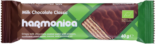 20821WAFELEK Z SAMOPSZY Z KREMEM MLECZNO - KAKAOWYM W POLEWIE Z MLECZNEJ CZEKOLADY BIO 40 g - HARMONICA-1