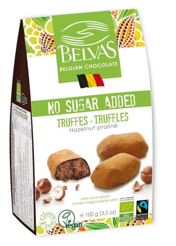 13511BELGIJSKIE CZEKOLADKI TRUFLE Z ORZECHAMI LASKOWYMI BEZ DODATKU CUKRÓW BEZGLUTENOWE BIO 100 g - BELVAS-1