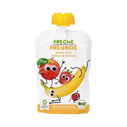 23903MUS BANAN - JABŁKO - TRUSKAWKA - MALINA BEZ DODATKU CUKRÓW BEZGLUTENOWY OD 6 MIESIĄCA BIO 100 g - FRECHE FREUNDE-1