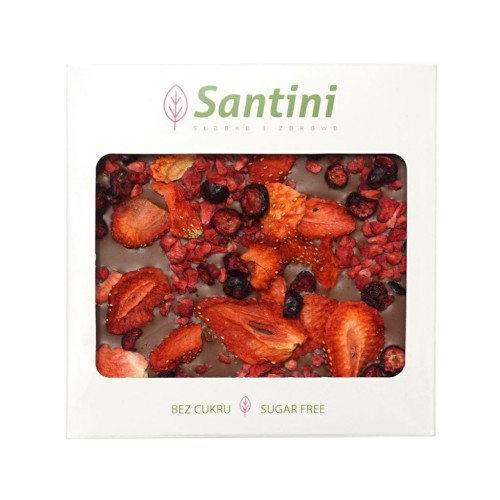 27328CZEKOLADA MLECZNA Z MALINĄ, TRUSKAWKĄ I PORZECZKĄ BEZ DODATKU CUKRU BEGLUTENOWA 80  g  - SANTINI (PRODUKT SEZONOWY)-1