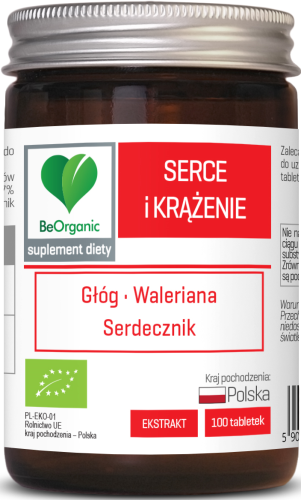 21689TABLETKI WSPOMAGAJĄCE SERCE I KRĄŻENIE (GŁÓG, WALERIANA, SERDECZNIK) BIO 100 szt. - BE ORGANIC-1
