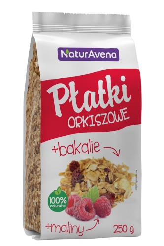 23294PŁATKI ORKISZOWE Z MALINĄ I BAKALIAMI 200 g - NATURAVENA-1
