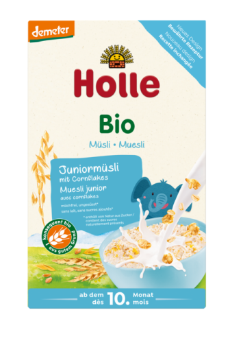 24021KASZKA MUSLI JUNIOR Z PŁATKAMI KUKURYDZIANYMI BEZ DODATKU CUKRÓW OD 10 MIESIĄCA DEMETER BIO 250 g - HOLLE-1