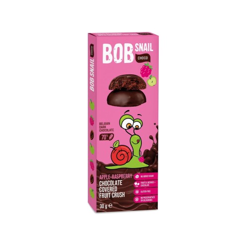 25922PRZEKĄSKA CHOCO JABŁKO - MALINA W CIEMNEJ CZEKOLADZIE BELGIJSKIEJ BEZ DODATKU CUKRU BEZGLUTENOWA 30 g - BOB SNAIL-1