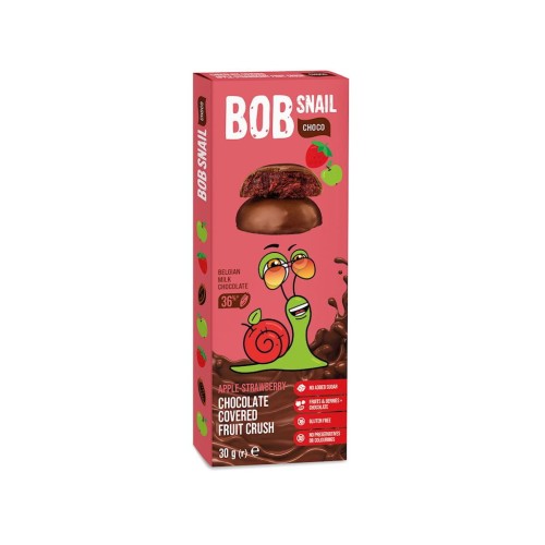 25426PRZEKĄSKA CHOCO JABŁKO - TRUSKAWKA W MLECZNEJ CZEKOLADZIE BIELGIJSKIEJ BEZ DODATKU CUKRU BEZGLUTENOWA 30 g - BOB SNAIL-1