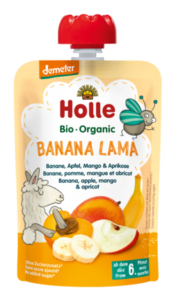 25073MUS W TUBCE BANANOWA LAMA (BANAN - JABŁKO - MANGO - MORELA) BEZ DODATKU CUKRÓW OD 6 MIESIĄCA DEMETER BIO 100 g - HOLLE-1