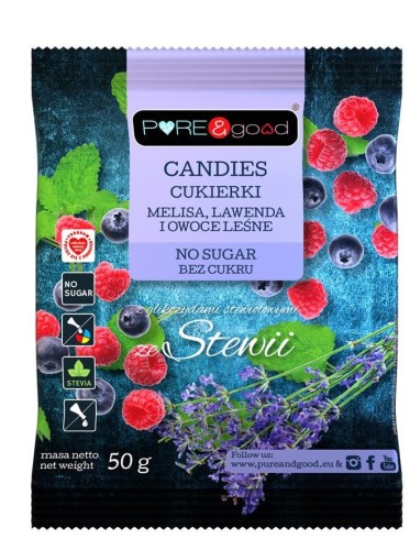 28315CUKIERKI Z MELISĄ, LAWENDĄ I OWOCAMI LEŚNYMI ZE STEWIĄ BEZ CUKRU 50 g - PURE&amp;GOOD-1
