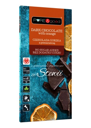 26622CZEKOLADA GORZKA Z POMARAŃCZĄ ZE STEWIĄ BEZ DODATKU CUKRU BEZGLUTENOWA 125 g - PURE&amp;GOOD-1
