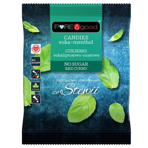 26624CUKIERKI EUKALIPTUSOWO - MIĘTOWE ZE STEWIĄ BEZ CUKRU 50 g - PURE&amp;GOOD-1